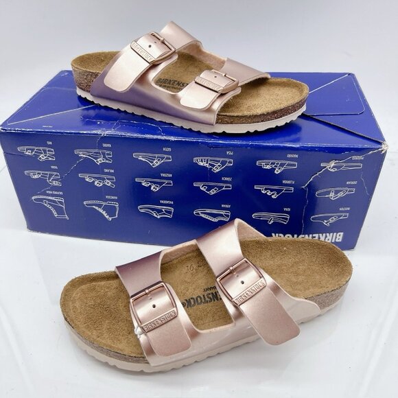 Birkenstock Arizona Birko Flor Kids Sandal Metallic Copper Pink EU 32 US 1- 1.5 - Picture 2 of 14
